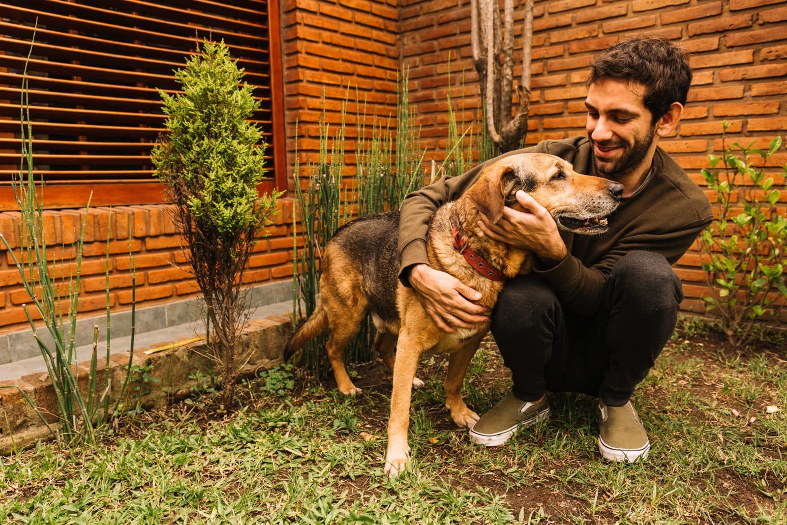 A man embracing his rescued dog outside a brick wall