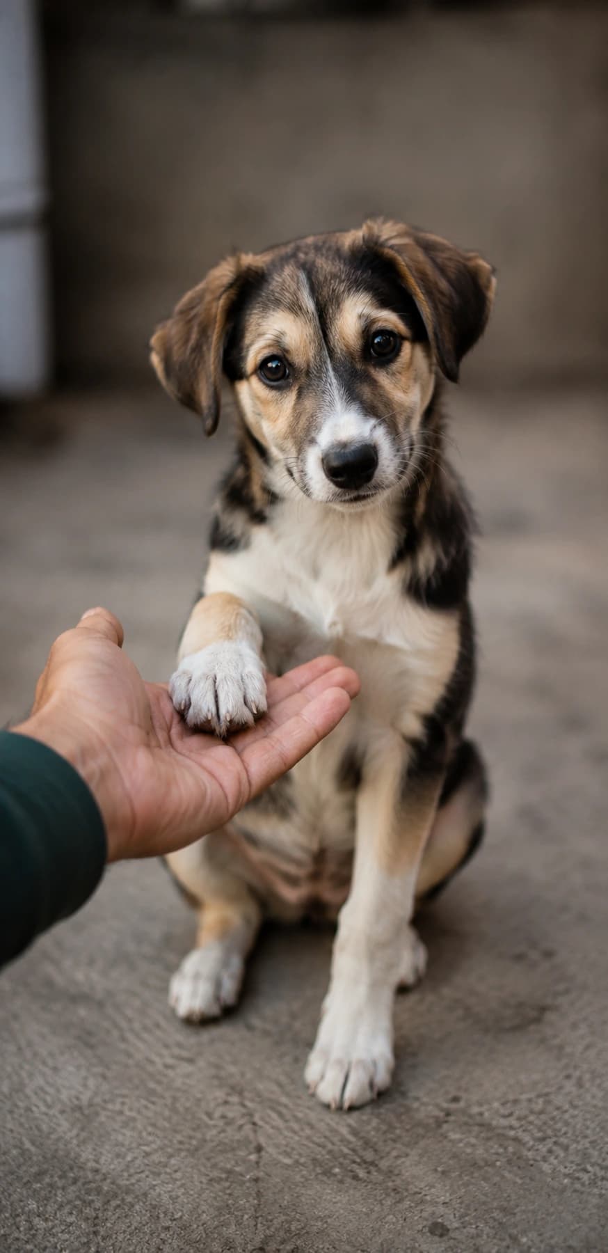 A volunteer gently holding an injured dog's paw